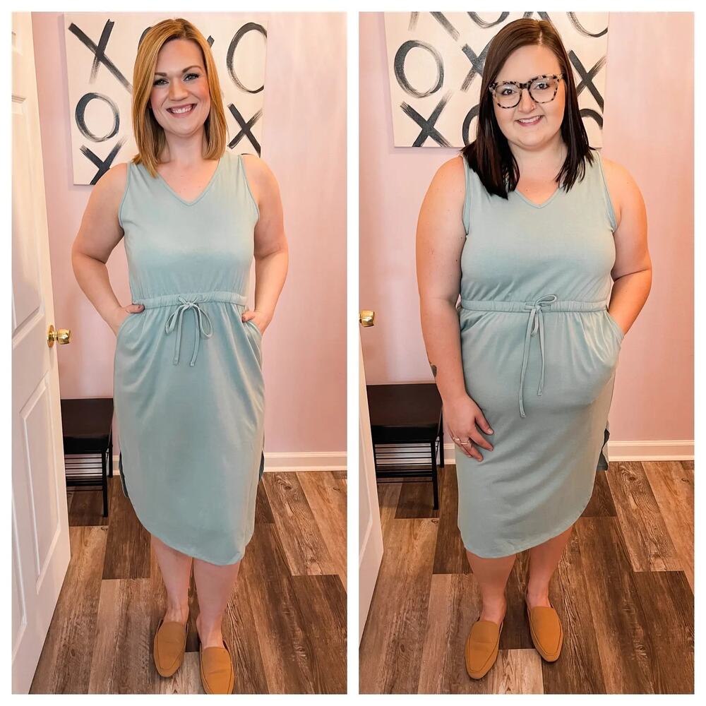 Dusty Green V-Neck Drawstring Sleeveless Midi Dress - Picture 4 of 9